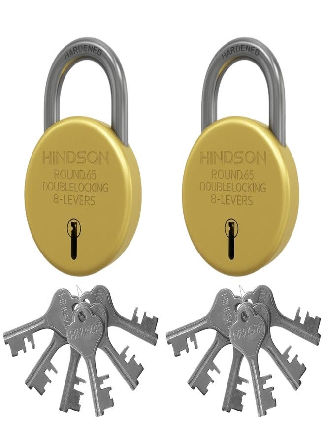 Hindson Round 65 Gold Durable Rust Resistant Locks with 6 Keys Each - Pack of 2 - Image 1